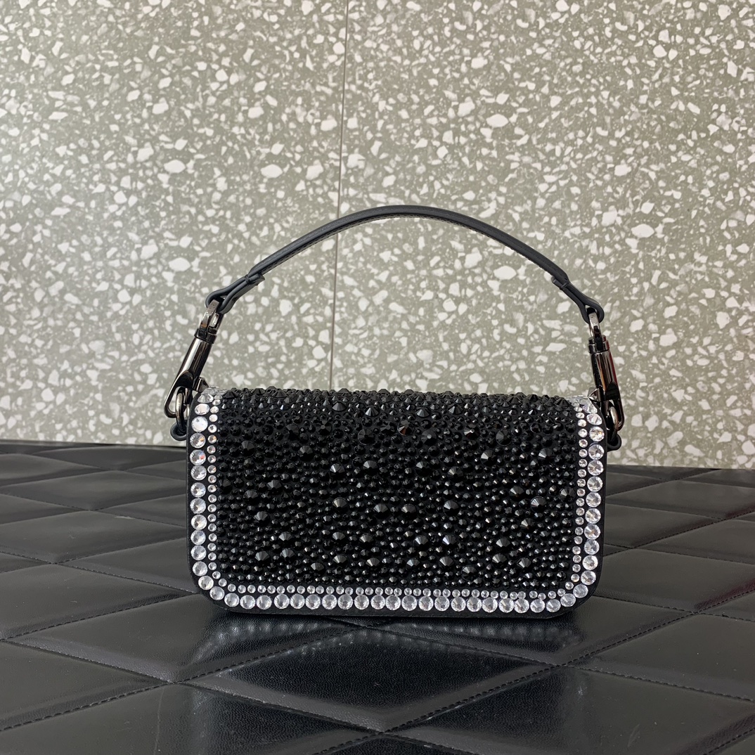 Valentino Garavani Loco Small Shoulder Bag with Black Rhinestone Applique